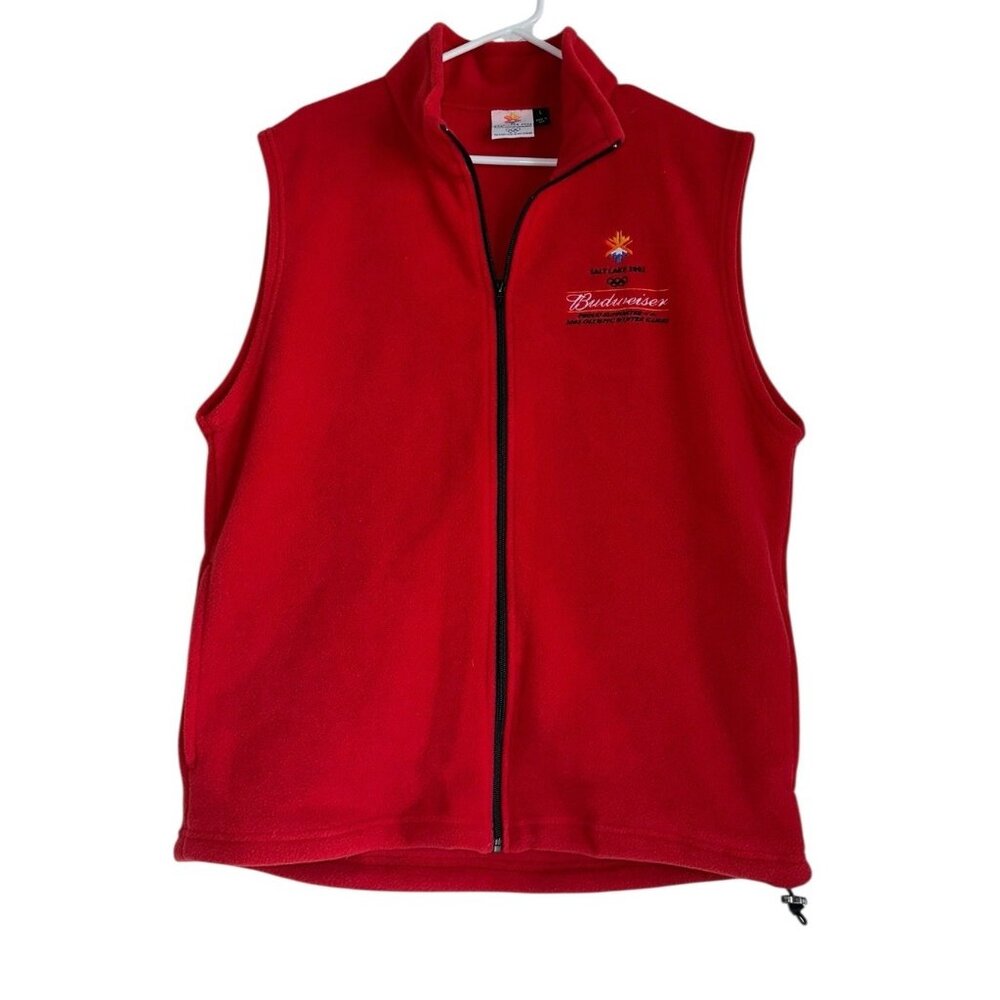 VTG Budweiser Men's Olympic Vest L Red Fleece Pockets Salt Lake 2002  Zip Up